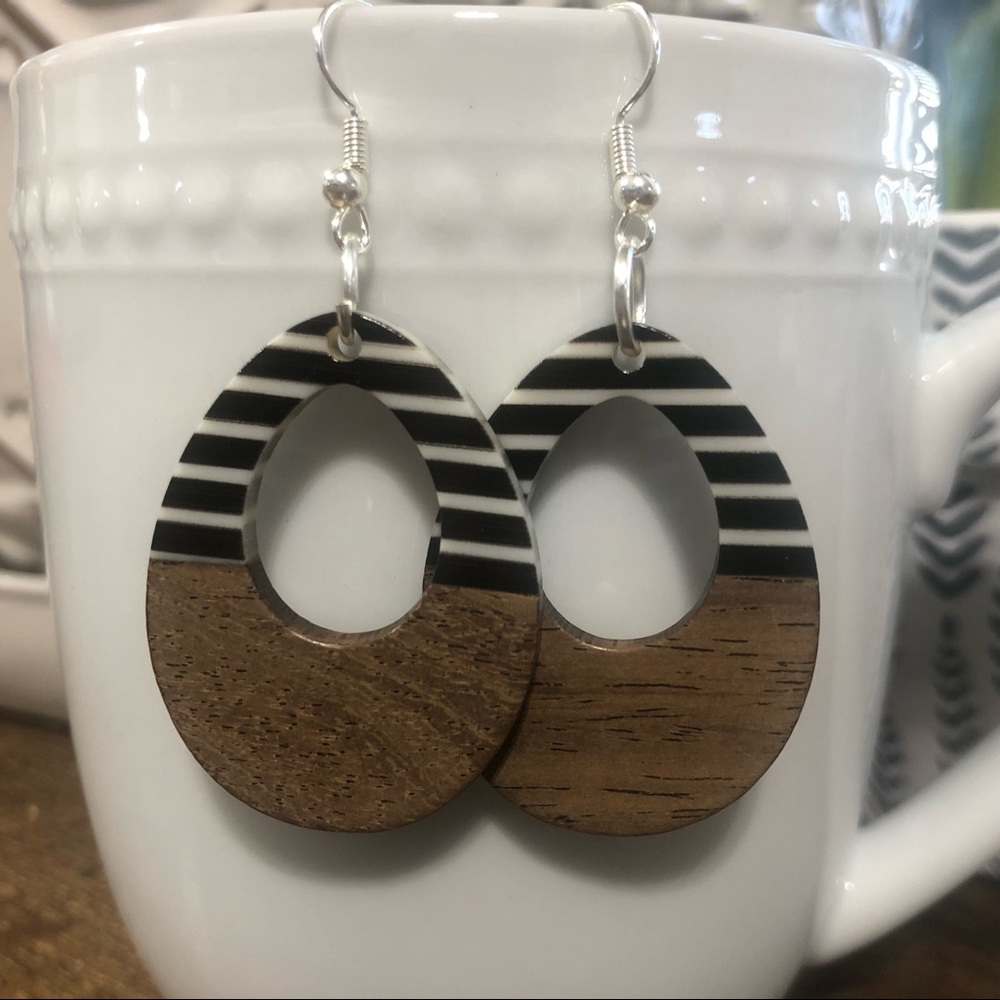 Striped color block wood and resin earrings
